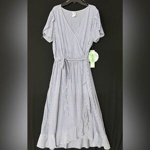 Nautical Americana Striped Blue White Faux Wrap Dress Elastic Waist Petite XL‎